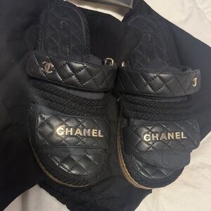 CHANEL Black Quilted Logo Slide Sandals with Gold Accents